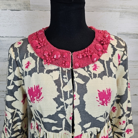 Nanette Lepore Floral Beaded Neck Peplum Blazer Sz 6 Barbie Pink Gray Coquette - Picture 9 of 16